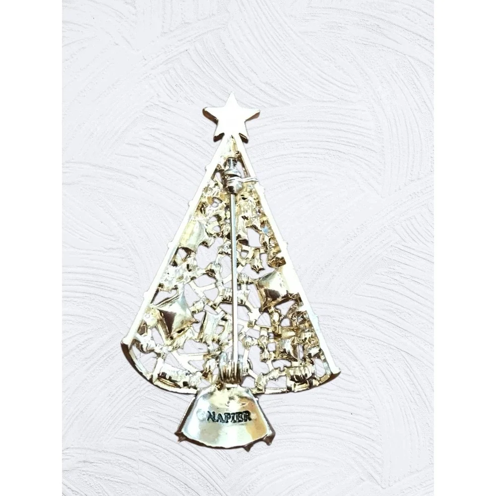 Napier Christmas Tree Brooch‎ Multicolor Rhinestone Pearl Gold Tone Holiday Pin
